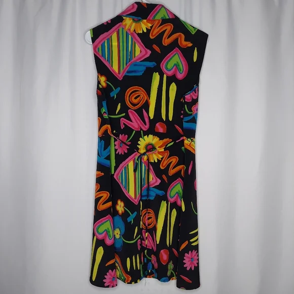 90's Vtg LABelle Button Collar Dress Multicolor Print Tie Sleeveless Midi 13 USA - Picture 2 of 12